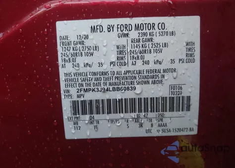 2020 Ford Edge Sel from USA, damaged, VIN 2FMPK3J94LBB60839